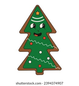 Christmas gingerbread tree icon in Groovy style. Merry Christmas and Happy New year trendy vintage retro cartoon characters.