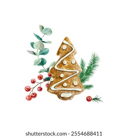 Christmas gingerbread tree with spruce branch, eucalyptus, watercolor. Hand drawn vector illustration isolated. New Year cards, banners, invitations.
