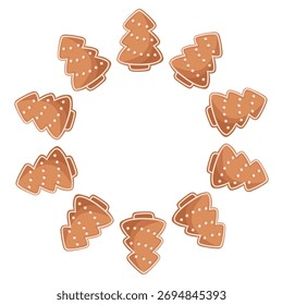 Christmas gingerbread tree wreath vector illustration, festive cookie circle frame