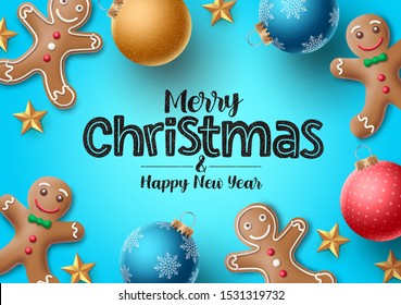 Christmas gingerbread vector background. Merry christmas greeting text with colorful xmas elements of gingerbread cookie and xmas balls in blue background. Vector illustration.