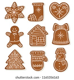 Christmas gingerbread vector illustration isolated on white background. Ginger bread man, bell, house, snowman etc.