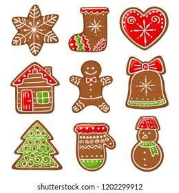 Christmas gingerbread vector illustration isolated on white background. Ginger bread man, bell, house, snowman etc.