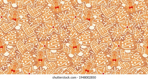 Christmas gingerbread vector seamles pattern. Winter characters in cartoon style. Awesome holiday design background. New year in scandinvian style.