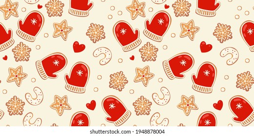 Christmas gingerbread vector seamles pattern. Winter characters in cartoon style. Awesome holiday design background. New year in scandinvian style.