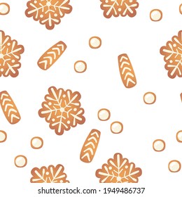 Christmas gingerbread vector seamles pattern. Winter characters in cartoon style. Awesome holiday design background. New year in scandinvian style.