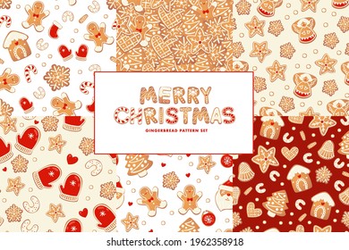 Christmas gingerbread vector seamless patterns set. Winter characters in cartoon style. Holiday design background. New year scandinavian style.