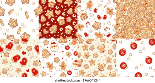Christmas gingerbread vector seamless patterns set. Winter characters in cartoon style. Holiday design background. New year scandinavian style.