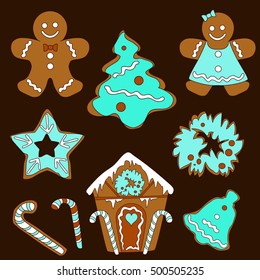 Christmas gingerbread. Vector Christmas sweets. Gingerbread Man. Gingerbread house. Mint sweet