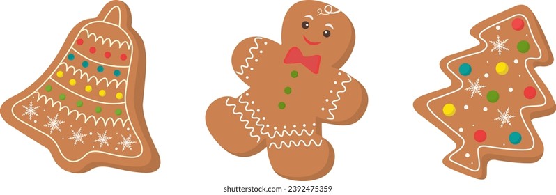 Christmas gingerbread. Winter holiday sweets in the form of a bell, a gingerbread man and a Christmas tree. Cartoon vector illustration