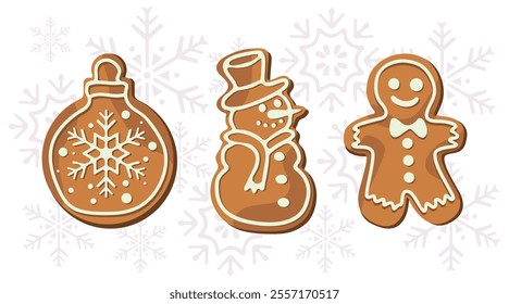 Christmas gingerbread and winter homemade sweets of different shapes on background with snowflakes Man, Christmas tree ball and snowman Vector illustration