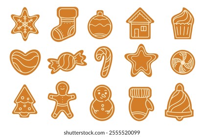 Christmas Gingerbread. Winter sweet homemade biscuits in different shapes isolated on white background.