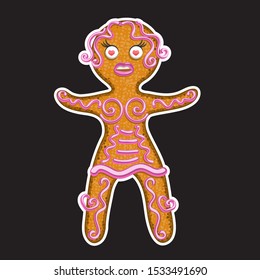 Christmas gingerbread woman on black isolated background. Sticker design element. Vector image eps 10