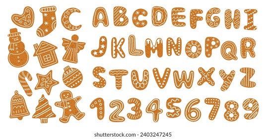 Christmas gingerbreads alphabet. Holiday sweet letters and numbers with white sugar glaze, biscuits figurines, snowman and angel, vector set.eps
