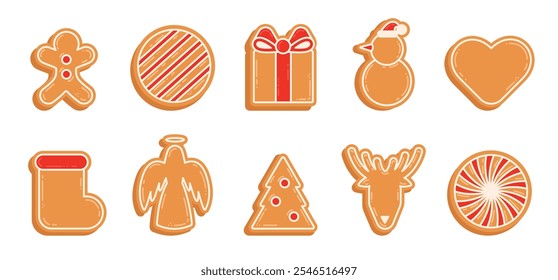 Christmas Gingerbreads big set. Xmas homemade cookie with icing. Sweet Food ginger biscuit, snowman, deer, angel, Christmas tree, gingerbread man. Vector illustration isolated