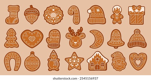 Christmas gingerbreads for celebration flat color vector objects set. Homemade pastry for holiday illustrations bundle on beige background