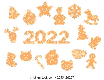 Christmas gingerbreads in the form of 2022 year, snowflake, heart, stocking, candy cane, bell, bauble, ornament, man, Christmas tree, fir tree, Mitten, house. Sweet baking with glaze. Isolated vector 