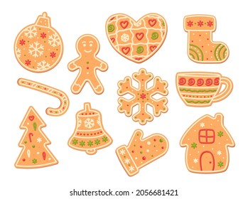 Christmas gingerbreads in the form of  snowflake, heart, stocking, candy cane, bell, bauble, man, fir tree, Mitten, house. Baking with glaze. Isolated vector stock illustration EPS 10 on white backgro