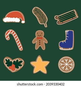 Christmas gingerbreads in the form of a star, a man, a sled. Set of vector illustrations on a green background.