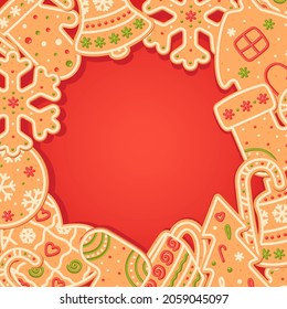 Christmas gingerbreads frame in the form of  snowflake, heart, stocking, candy cane, bell, bauble, man, fir tree, Mitten, house. Baking with glaze. Isolated vector stock illustration EPS 10 on white b