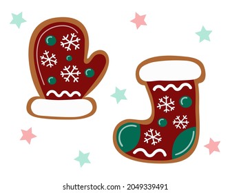 Christmas gingerbreads. Ginger cookie mitten and sock isolated. Traditional baked homemade biscuit. Vector illustration.