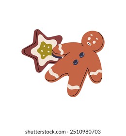 Christmas gingerbreads with human and star shapes. Traditional Xmas ginger breads. Cute biscuits, cookies. Winter holiday bakery, baked food. Flat isolated vector illustration on white background