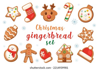 Christmas gingerbreads set with isolated elements in flat cartoon design.