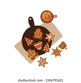 Christmas gingerbreads top view flat vector illustration. Xmas festive traditional cookies with icing composition isolated on white. Homemade biscuits and cup of hot drink creative design element.