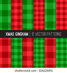 Christmas Gingham and Buffalo Check Plaid Patterns. Two-tone Red and Green Pixel Gingham Patterns. Trendy Hipster Style Xmas Textures. Vector EPS File Pattern Swatches made with Global Colors.