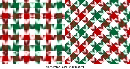 Christmas gingham check plaid pattern in red, green, white. Seamless herringbone textured vichy tartan set for gift paper, tablecloth, napkin, handkerchief, other modern winter fashion fabric print.