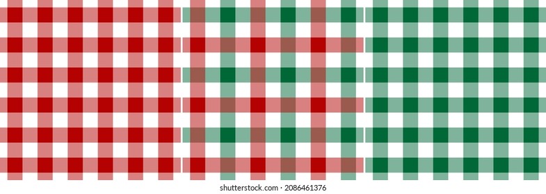 Christmas gingham check plaid pattern set in red, green, white. Seamless classic bright tartan vichy set for tablecloth, napkin, jacket, skirt, gift paper, other modern winter fashion textile print.