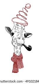 Christmas giraffe. giraffe with Christmas cap, scarf and Smoking a pipe