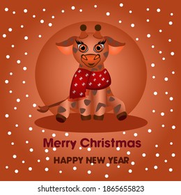 Christmas giraffe in red scarf squats on abstract background with snowflakes, 3D giraffe, vector illustration, Christmas card, baby giraffe, cartoon, text Happy Christmas and new year, abstract 
