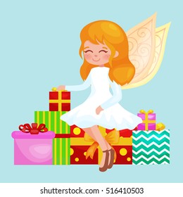 christmas girl angel with wings and gifts box like symbol in Christian religion or new year holiday vector illustration