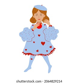 Christmas girl with a Christmas ball in her hands. Young girl in a blue dress with hearts. Hand-drawn abstract vector Christmas and New Year greeting. Cartoon flat illustration
