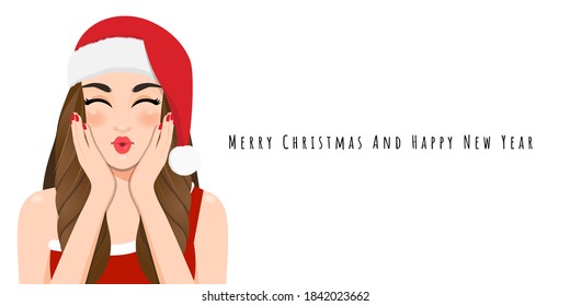 Christmas girl blow a kiss in red dress and christmas santa hat with Happy new year and Merry Christmas festival cartoon character on the white background vector illustration