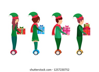 christmas girl boy elf costume ride electric scooter carry gift box elf santa helper concept flat female male cartoon character full length isolated horizontal