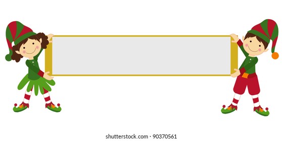 Christmas girl and boy in vector holding a board to write.