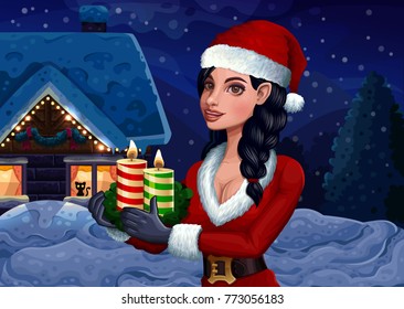 Christmas girl with candles on winter background. Vector illustration