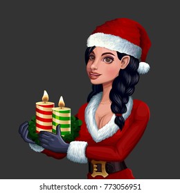 Christmas girl with candles. Vector illustration