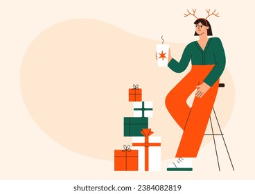 Christmas girl with coffee vector flat illustration. Young woman holding a cup of hot chocolate near holiday gifts. New Year celebration