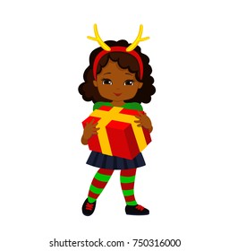 Christmas girl in a deer suit is holding a gift. Vector illustration isolated on white background.