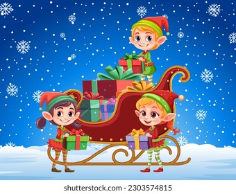 Christmas girl delivery Christmas gifts in cold winter illustration