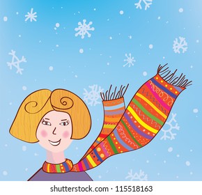 Christmas girl in funny scarf background with snow