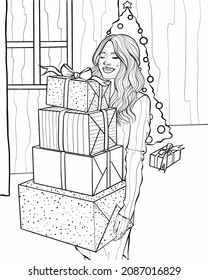 Christmas girl with gifts. Coloring book antistress for children and adults.Illustration isolated on white background.Zen-tangle style.Hand draw