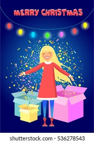 Christmas girl with gifts and lights. Vector illustration.