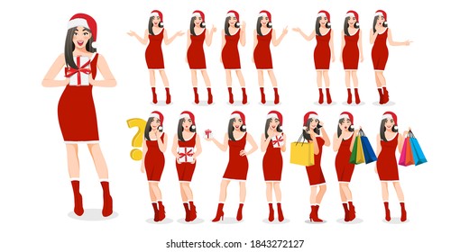 Christmas girl group in red dress style cartoon character set different gestures isolated. Merry Christmas and Happy new year concept vector illustration