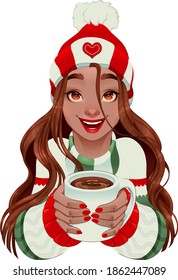 Christmas girl with hot chocolate in her hands. Vector isolated character