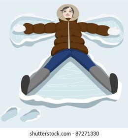 Christmas Girl Lying In Snow And Making Angel. Vector Illustration