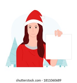 Christmas girl with poster on white background vector illustration cartoon flat design modern style 