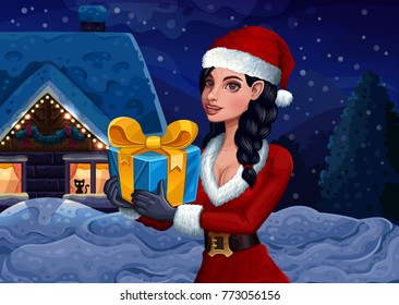 Christmas girl with present on winter background. Vector illustration